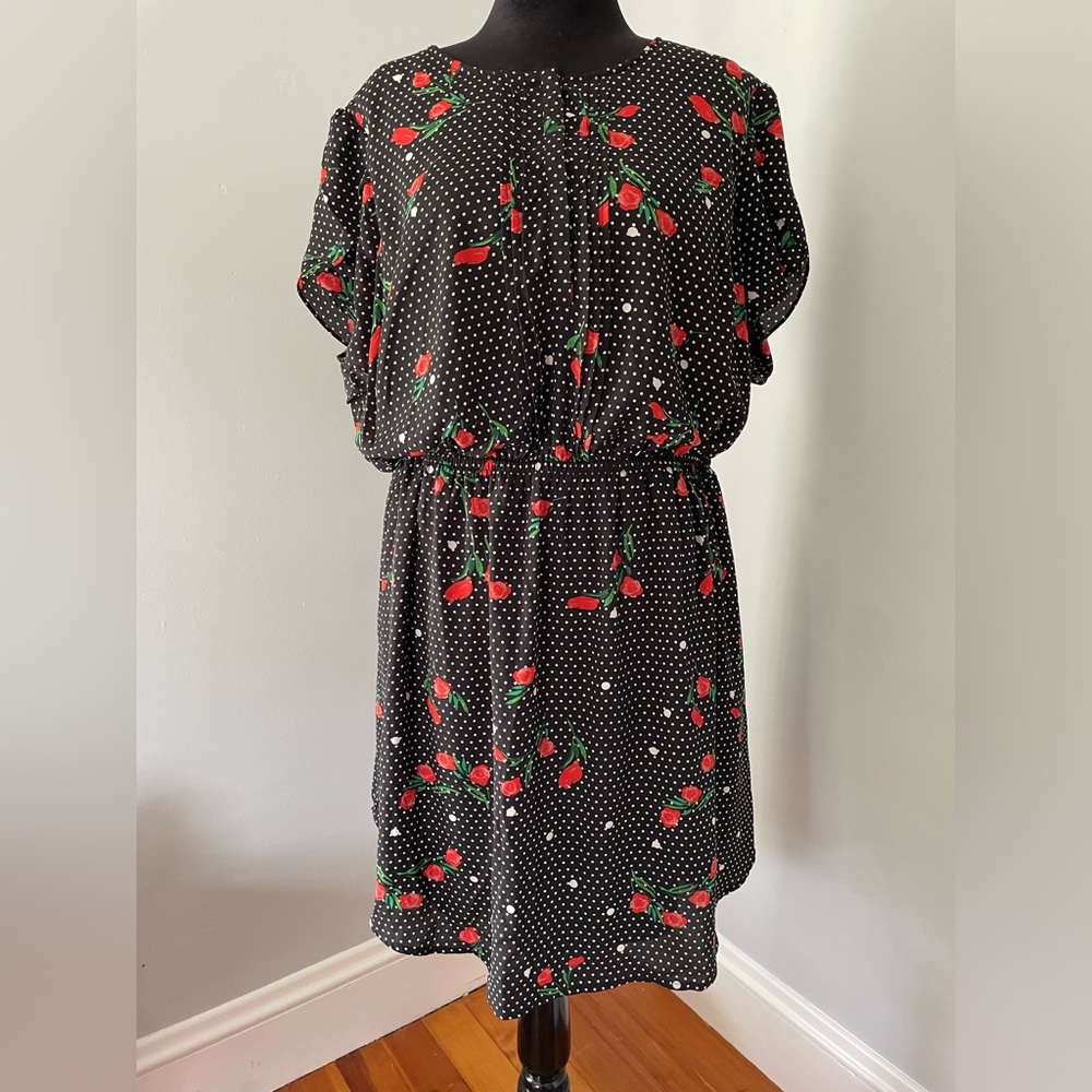 Women’s Black Polka Dot Dress with Red Floral Print